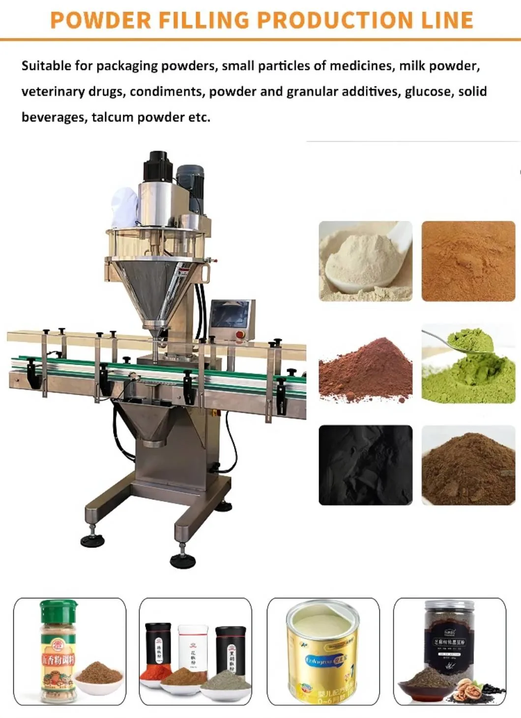 Paprika/Soybean /Milk /Spice/Protein/Curry/Detergent/Chemical Flour /Jar/Can/ Automatic Konjac Powder Packing Bottle Filling and Sealing Line Machine Production